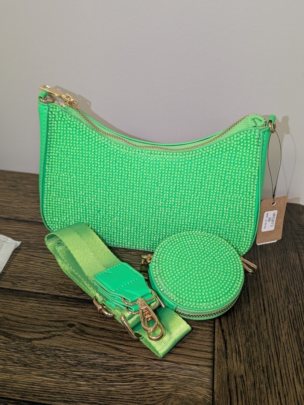 Neon Green Rhinestone Crossbody Bag w/ AirPod Case | Crystal Shoulder Purse NWT - Picture 6 of 8